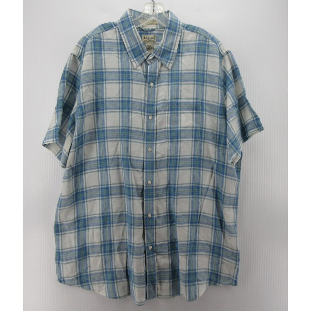 LL Bean Shirt XL White Linen Button Down Plaid Slightly Fitted Woven